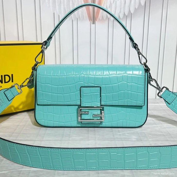 Cheap Leather Blue Medium Baguette Bag In Fendi Crocodile Tiffany 0821